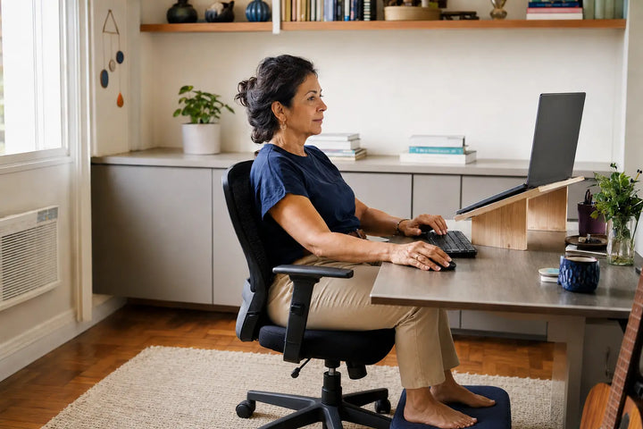Mulher trabalhando em home office confortável e ergonômico