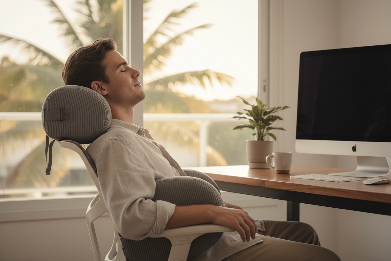 Pessoa usando almofada ergonômica no escritório
